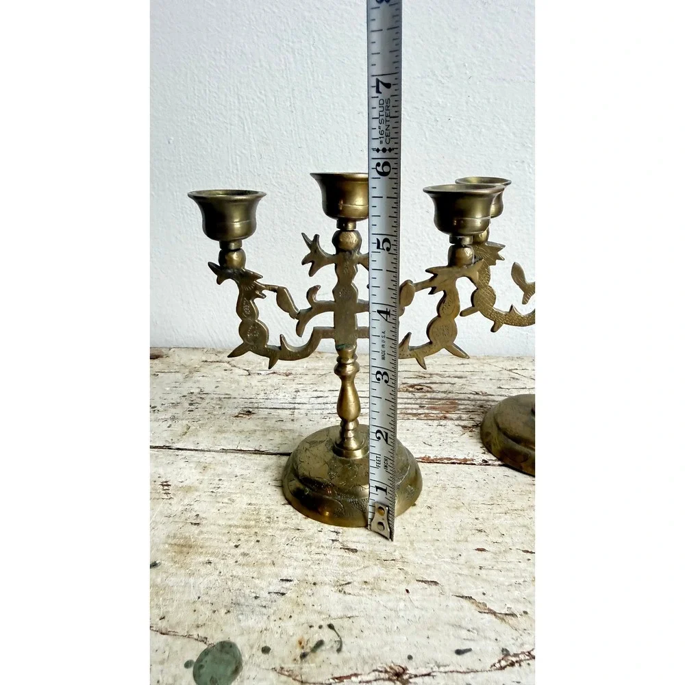 Vintage Brass Dragon Candelabra Pair 3 Light Etched Taper Holders India